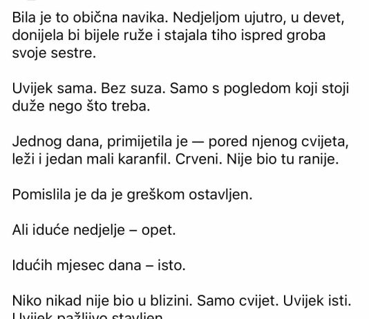 “Pet godina je dolazila na isti grob. A onda je jednog dana primijetila da neko ostavlja cvijet pored njenog.” “Pet godina je dolazila na isti grob. A onda je jednog dana primijetila da neko ostavlja cvijet pored njenog.” - featured image